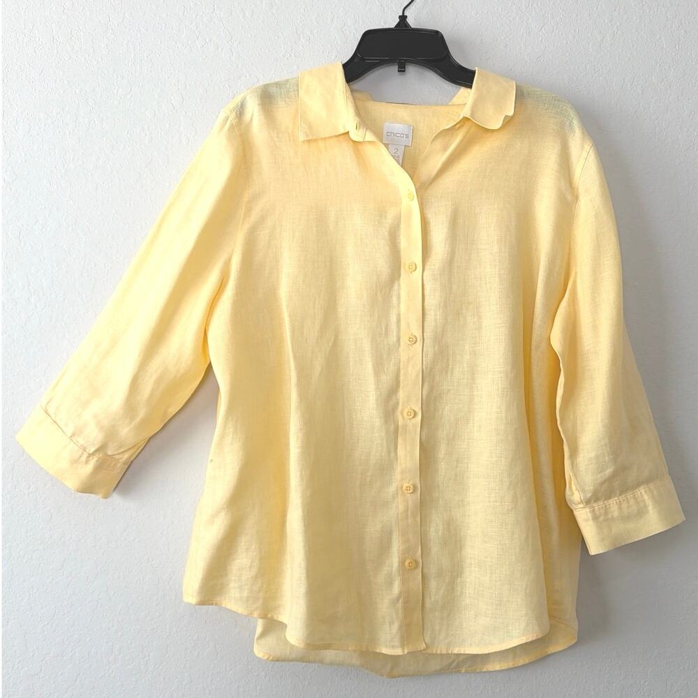Chico’s Butter Yellow 100% Line Button Up Shirt 3/4 Sleeves Women’s 2 (Large)